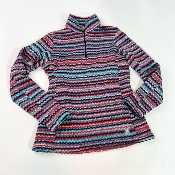 Spyder Pullover Sweater Womens 10 Blue Multi Zig Zag Stripe Quarter Zip Fleece - Picture 1 of 12
